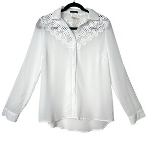 Vintage Boho Western White Silk Sheer Crochet Lace Yoke Button Down Blouse